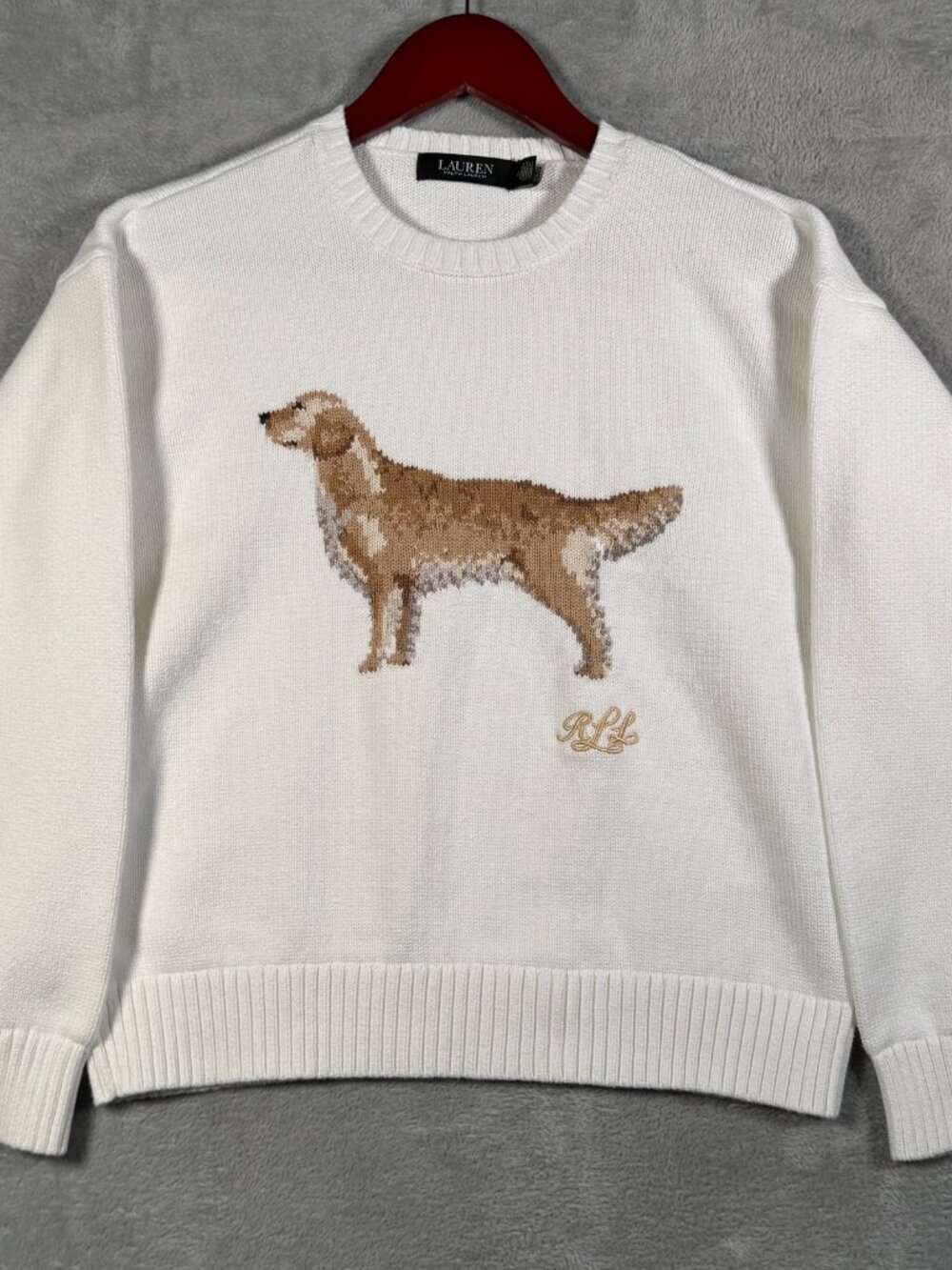 Lauren Ralph Lauren Sweater Womens M White Golden Retriever Dog Pullover Knit